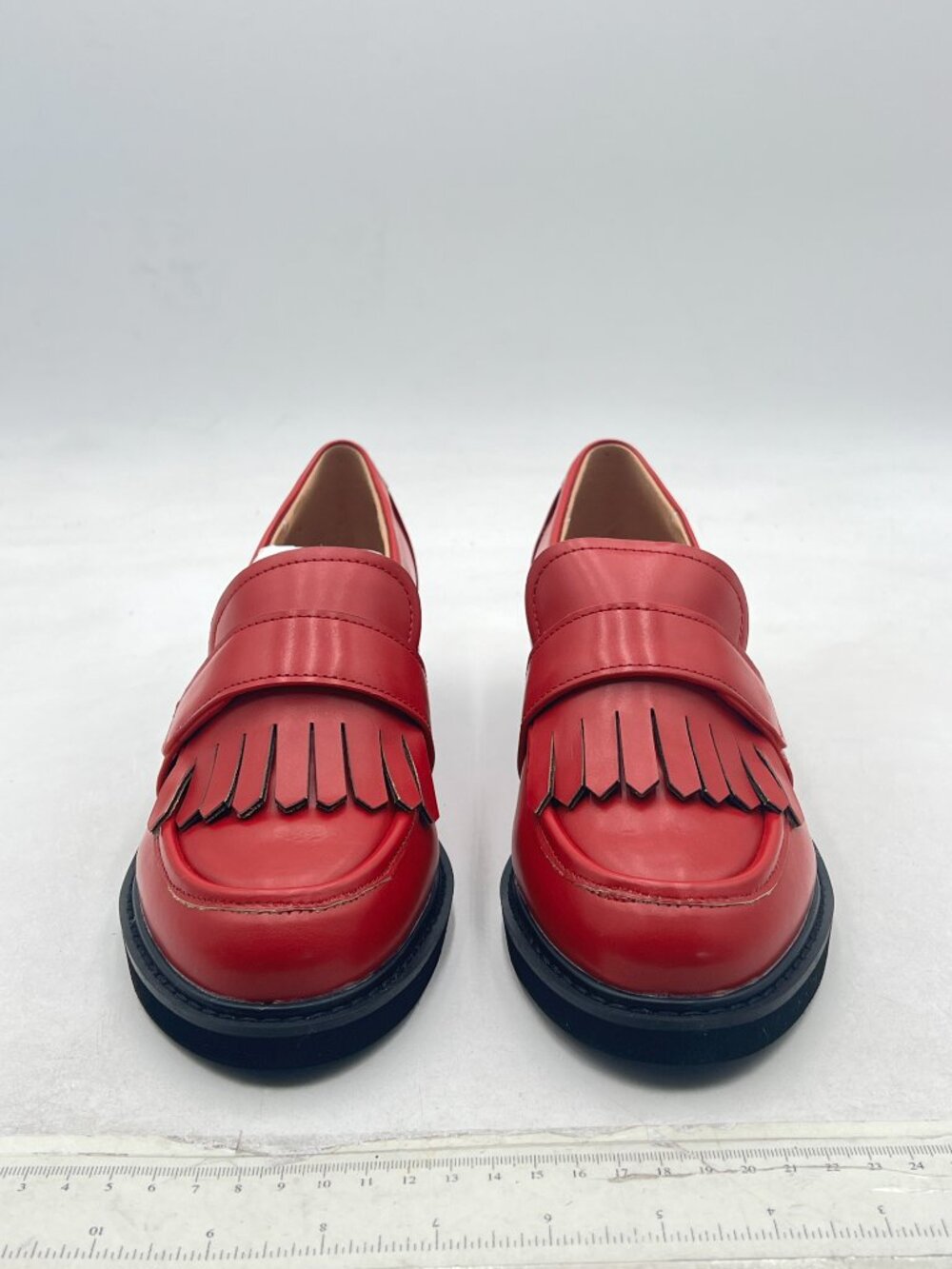 Red Women Loafers Fringed Tassels Decor Closed Round Toe Chunky Low Heels Shoes - Picture 2 of 7